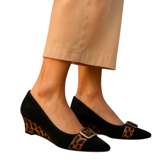 Circa Joan & David Luxe CJ Shayna Suede Animal Print Wedge Peep Toe Heels NWOT - Picture 1 of 12